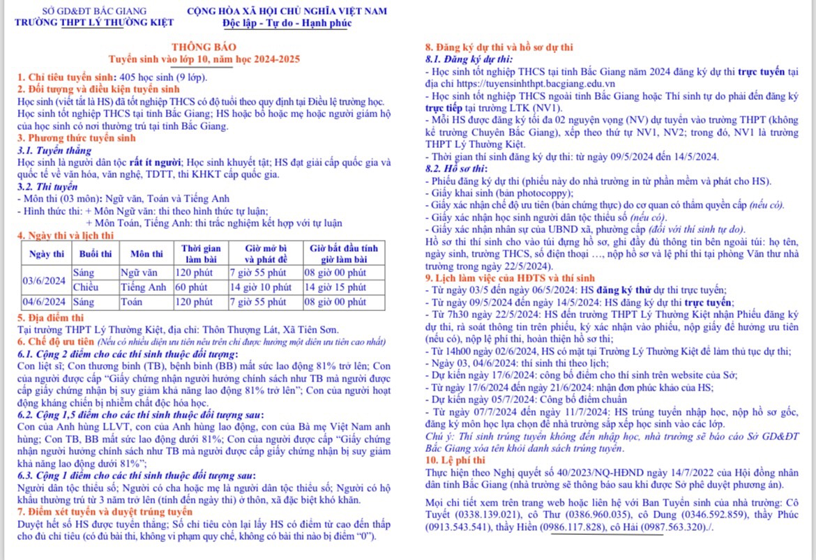 Thông báo tuyển sinh vào lớp 10, năm học 2024 -2025